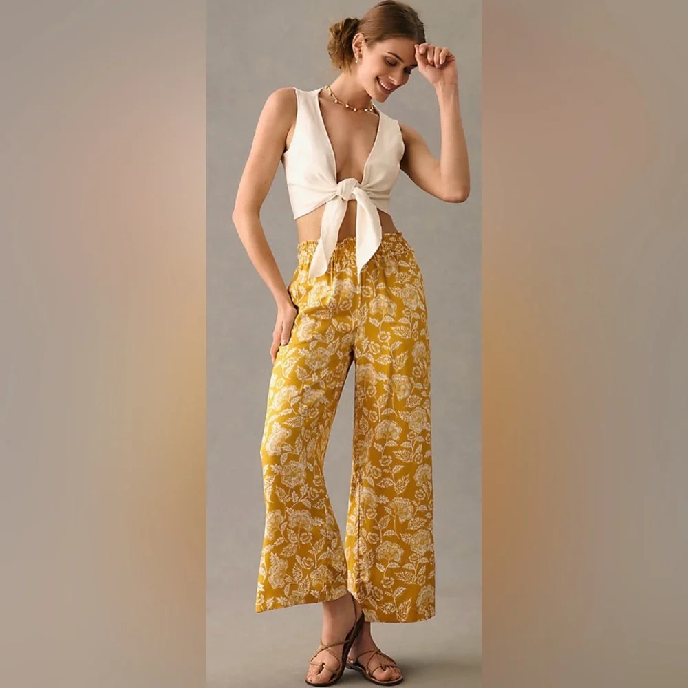 Anthropologie Floral Yellow Wide-Leg Pants - Picture 1 of 5